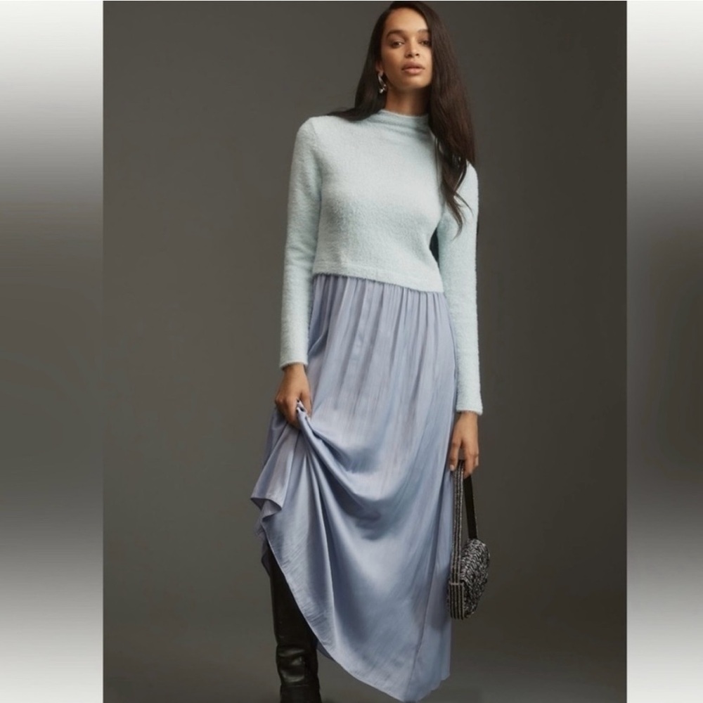 Anthropologie Long Sleeve Eyelash Twofer Sweater Dress Sky Size XS Petite NWT